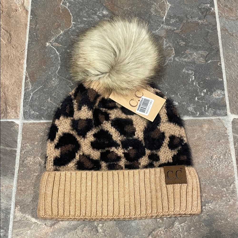 C.C Leopard Print Beanie with Faux Fur Pom